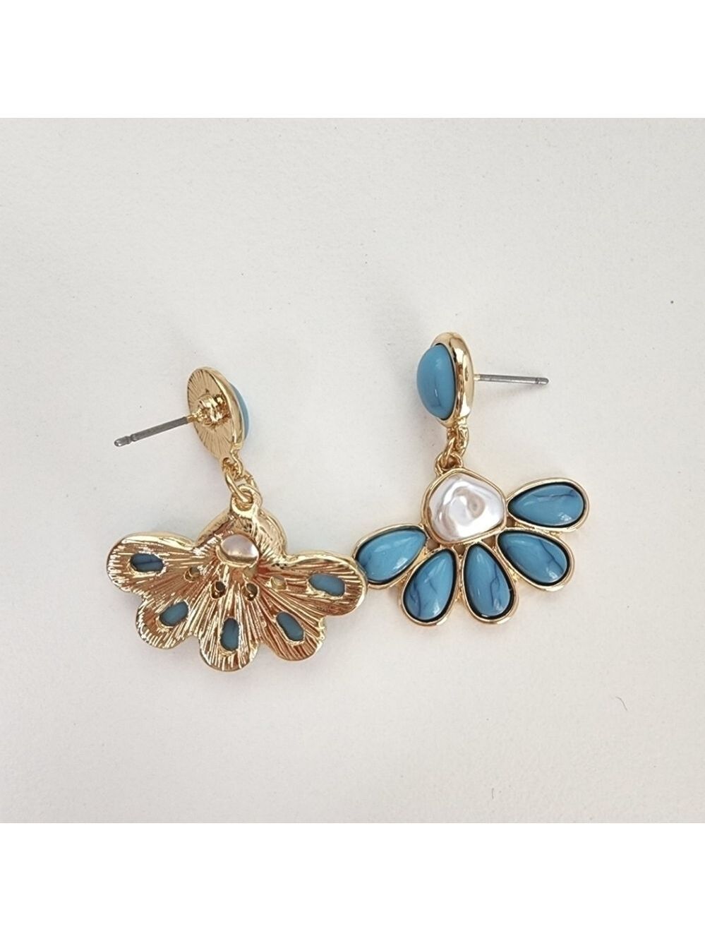 NEW Floral Abstract Turquoise Stone Pearl Embellished Small Dangle Earrings - Picture 4 of 7